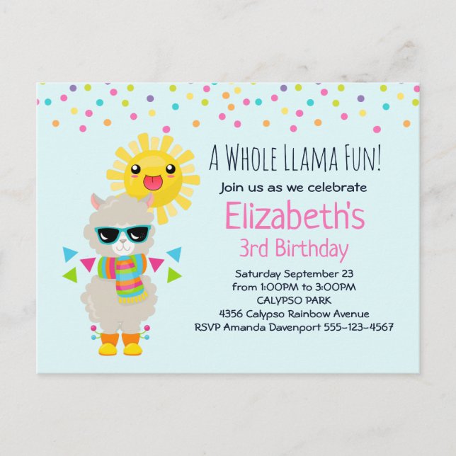 Coola Llama och Smiling Kawaii Sol Birthday Inbjudan Vykort (Framsida)