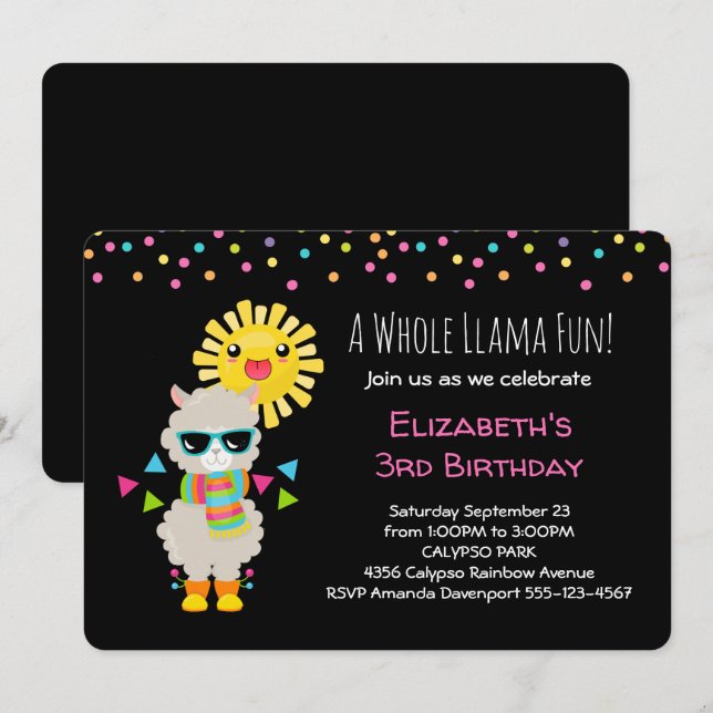 Coola Llama och Smiling Kawaii Sol Birthday Inbjudningar (Fram/baksida)