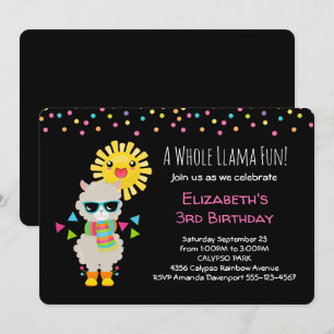 Coola Llama och Smiling Kawaii Sol Birthday Inbjudningar