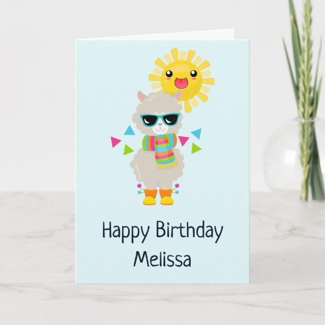 Coola Llama och Smiling Kawaii Sol Birthday Kort (Framsida)