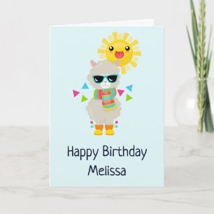 Coola Llama och Smiling Kawaii Sol Birthday Kort