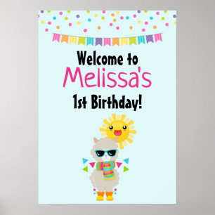 Coola Llama och Smiling Kawaii Sol Birthday Poster