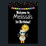 Coola Llama och Smiling Kawaii Sol Birthday Poster<br><div class="desc">Födelsedag poster med en coola som tittar lama på mörk solglasögon. Förtryckt i en färglös,  strimlad scarf och små roligtar. En ljus gult sol med lycklig kawaii ansikte i bakgrunden. Viktiga färglösa trianglar omger denna roligt som älskar lama. Färgfull konfetti och en buntbanderoll och en festiv beröring. Svart bakgrund.</div>