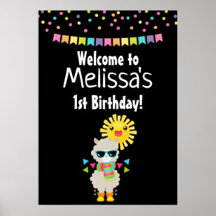 Coola Llama och Smiling Kawaii Sol Birthday Poster