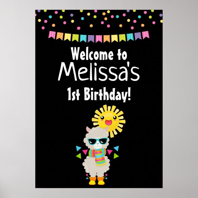 Coola Llama och Smiling Kawaii Sol Birthday Poster (Framsidan)