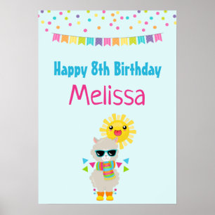 Coola Llama och Smiling Kawaii Sol Birthday Poster