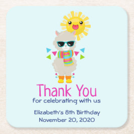 Coola Llama och Smiling Kawaii Sol Birthday Underlägg Papper Kvadrat