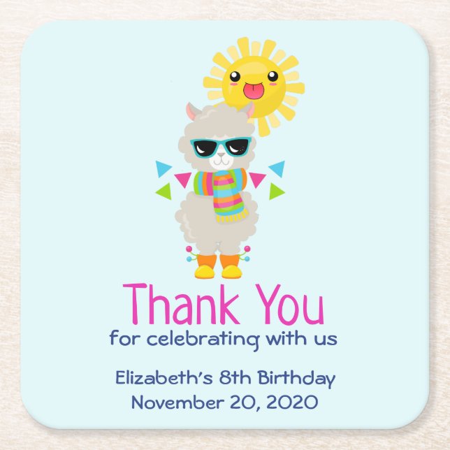 Coola Llama och Smiling Kawaii Sol Birthday Underlägg Papper Kvadrat (Framsidan)