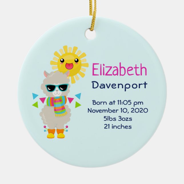 Coola Llama och Smiling Kawaii Sol Julgransprydnad Keramik (Framsidan)