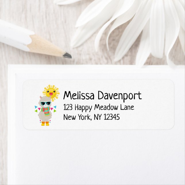 Coola Llama och Smiling Kawaii Sol Returadress Etikett (Insitu)