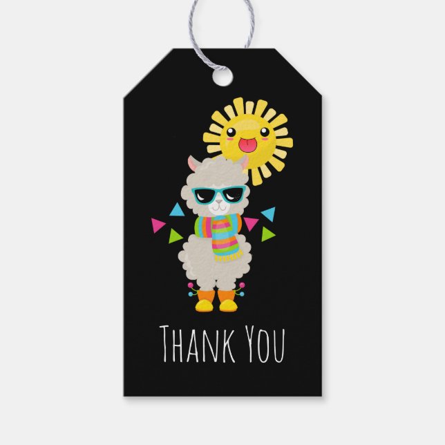 Coola Llama och Smiling Kawaii Sol Tack Presentetikett (Framsidan)