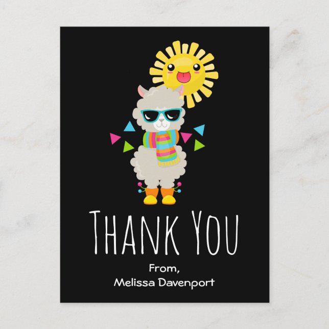 Coola Llama och Smiling Kawaii Sol Tack Vykort (Framsida)