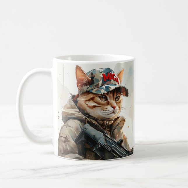 Coola MAGA Cat med Gun och Camouflage Cute AMERICA Kaffemugg (Vänster)
