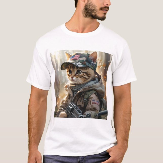 Coola MAGA Cat med Gun och Camouflage Cute AMERICA T Shirt (Framsida)