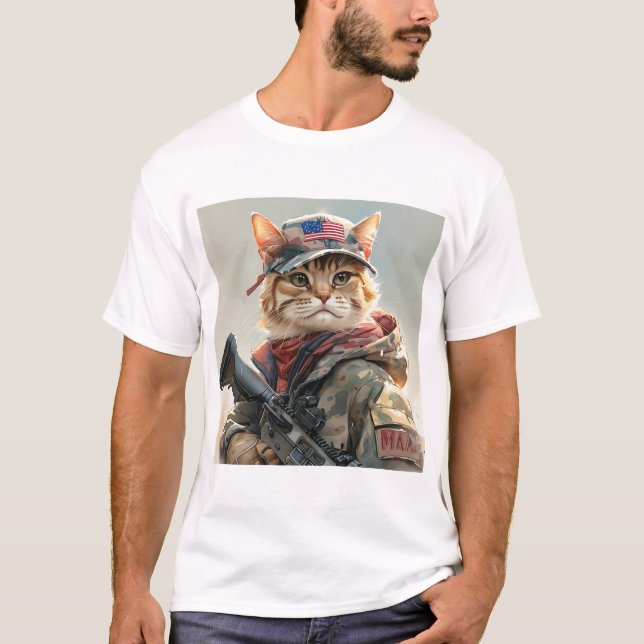 Coola MAGA Cat med Gun och Camouflage Cute AMERICA T Shirt (Framsida)