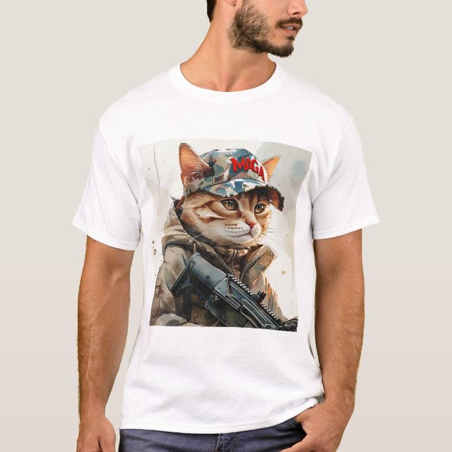 Coola MAGA Cat med Gun och kamouflage Cute T Shirt (Framsida)