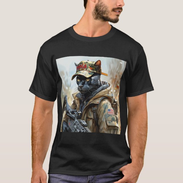 Coola MAGA Cat with Gun & Camouflage BLACK PANTHER T Shirt (Framsida)