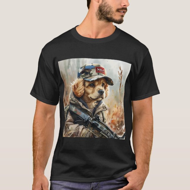 Coola MAGA-Hund med Gun och kamouflage Cute-valp T Shirt (Framsida)