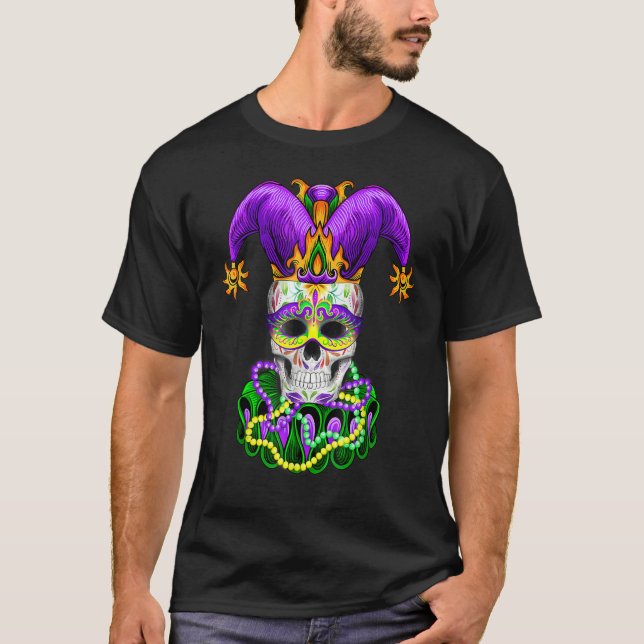 Coola Mardi Gras Skull Jester Hat Mask Pärlor T Shirt (Framsida)