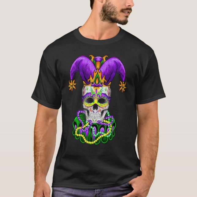 Coola Mardi Gras Skull Jester Hat Mask Pärlor T Shirt (Framsida)