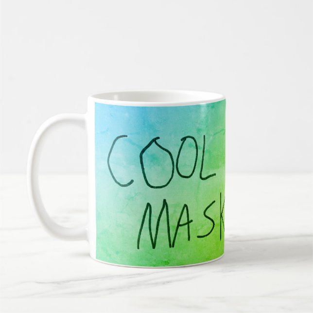 Coola mask originalhandskriftsblått och grönt kaffemugg (Vänster)