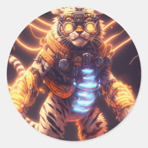Coola Mecha Tiger med Cyborg Steampunk Stil Runt Klistermärke