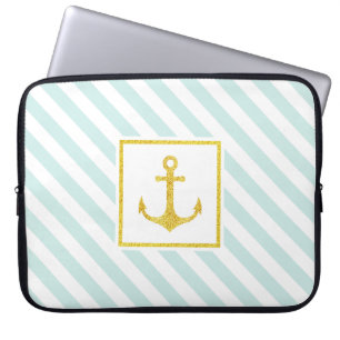 Coola Mint White Rand Golden Anchor Laptop Sleeve