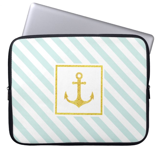 Coola Mint White Rand Golden Anchor Laptop Sleeve (Framsidan)