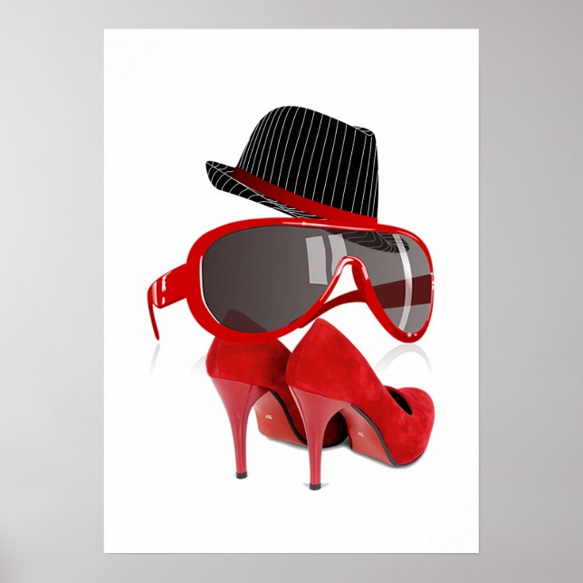 Coola Mode dam rödhakskor och glasögon Poster (Framsidan)