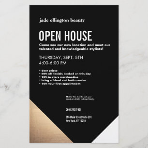 Coola Modern Black and Guld Hair Salon Open House Flygblad