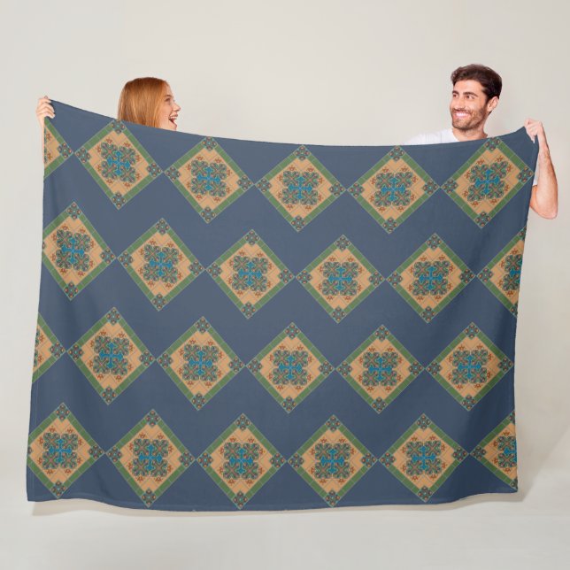 Coola Modern Boho Blue och Grönt Mönster Rhombus Fleecefilt (På plats)