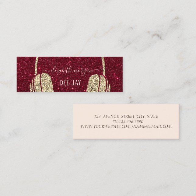 Coola Modern Guld Glitter hörluren DJ Red Glitter Mini Visitkort (Fram/baksida)