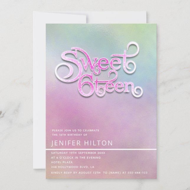 Coola modern holografisk typografi sweet sixteen inbjudningar (Framsida)