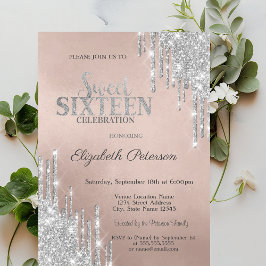 Coola Modern Silver Glitter Drips Sweet 16 Inbjudningar