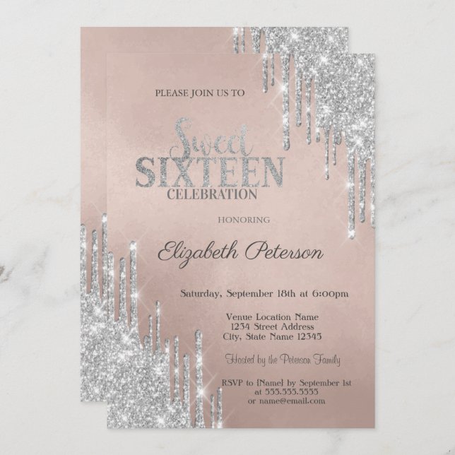 Coola Modern Silver Glitter Drips Sweet 16 Inbjudningar (Fram/baksida)