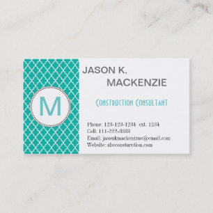 Coola, modern teal quatrefoil monogram professioan visitkort