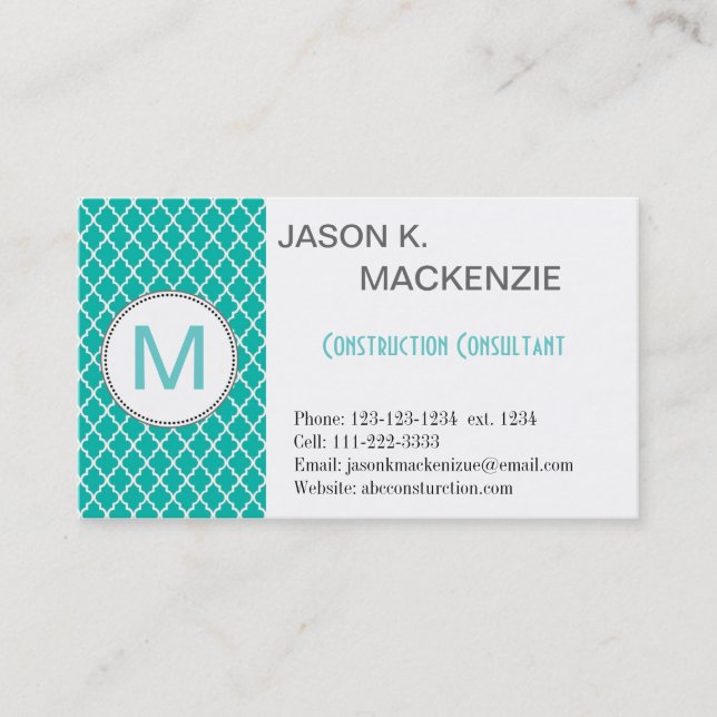 Coola, modern teal quatrefoil monogram professioan visitkort (Framsida)