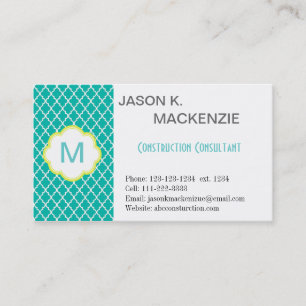 Coola, modern teal quatrefoil monogram professioan visitkort