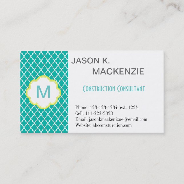 Coola, modern teal quatrefoil monogram professioan visitkort (Framsida)