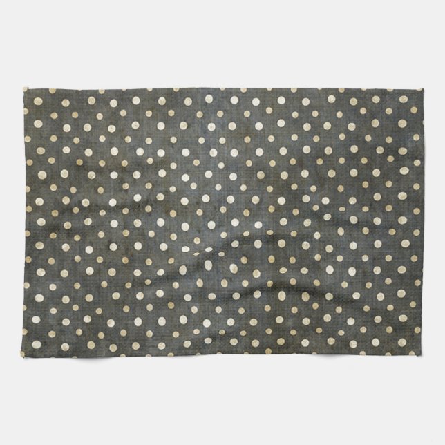 Coola, modig vit polka dots mörk grått grunge kökshandduk (Horisontell)