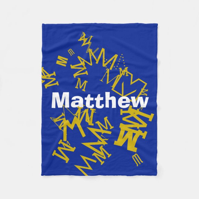 Coola monogram och namn i marint blått och vitt fleecefilt (Framsidan)