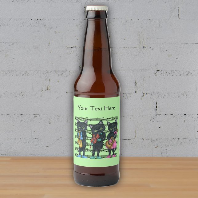Coola Musical Svarta katter Instruments Lakan Musi Ölflaska Etikett (Three cool cat musicians on sheet of black music notes on light green beer bottle personalised label)
