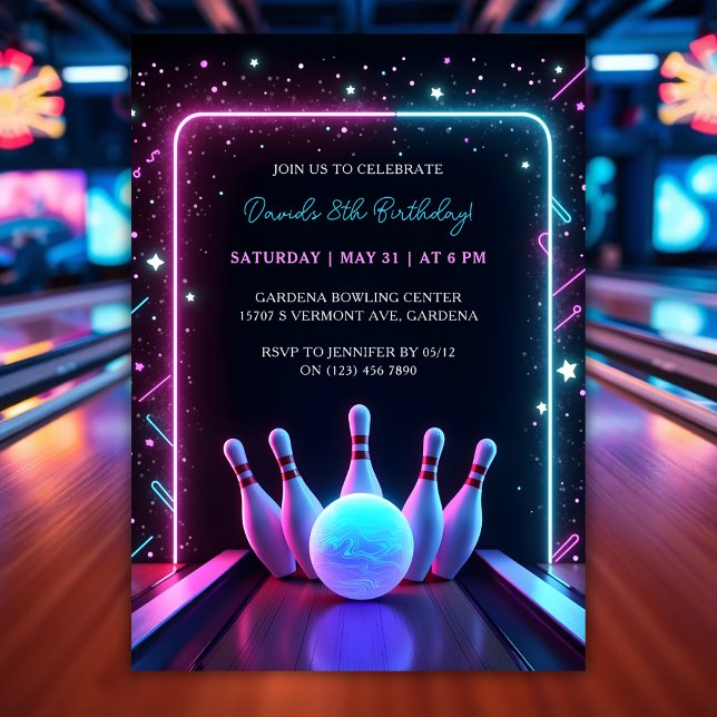 Coola Neon Glow Bowling Födelsedagsfest Inbjudningar (Cool Neon Glow Bowling Birthday Party Invitation)
