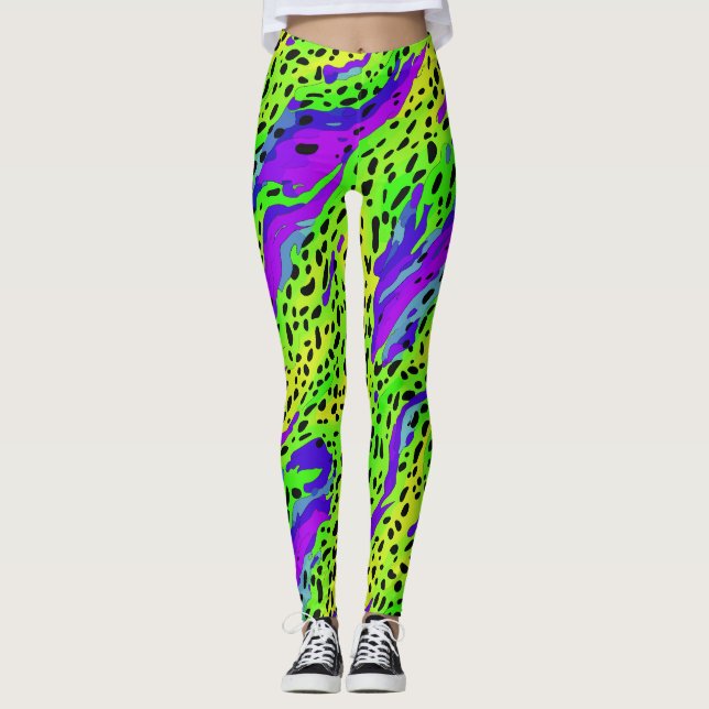 Coola Neon Grönt and Lila Animal Print Mönster Leggings (Framsida)