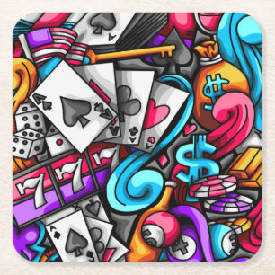 Coola och färgfull Las Vegas Casino Gambling Doodl Underlägg Papper Kvadrat
