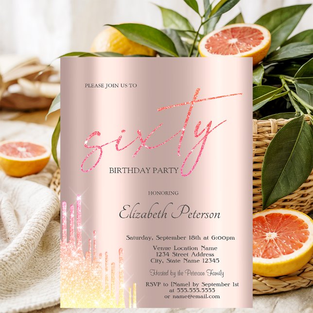 Coola Ombre Glitter Drips Ro Guld 60:e födelsedag Inbjudningar (Skapare uppladdad)