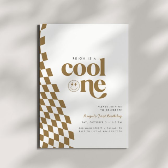 Coola One Boy's First Birthday Guld Checker Retro Inbjudningar (Skapare uppladdad)