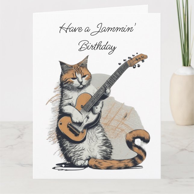 Coola Orange Cat Jamming på Guitar Birthday Kort (Framsida)