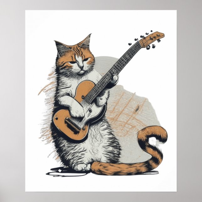 Coola Orange Cat Jamming på Guitar Poster (Framsidan)