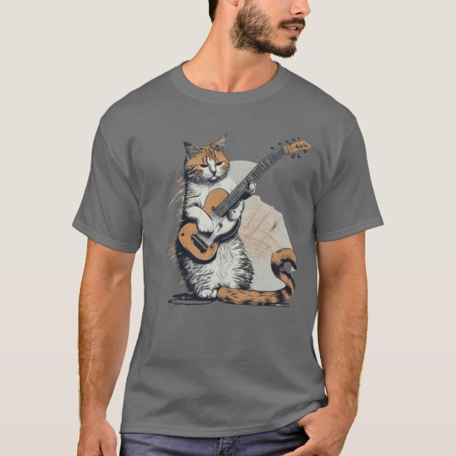 Coola Orange Cat Jamming på Guitar T Shirt (Framsida)
